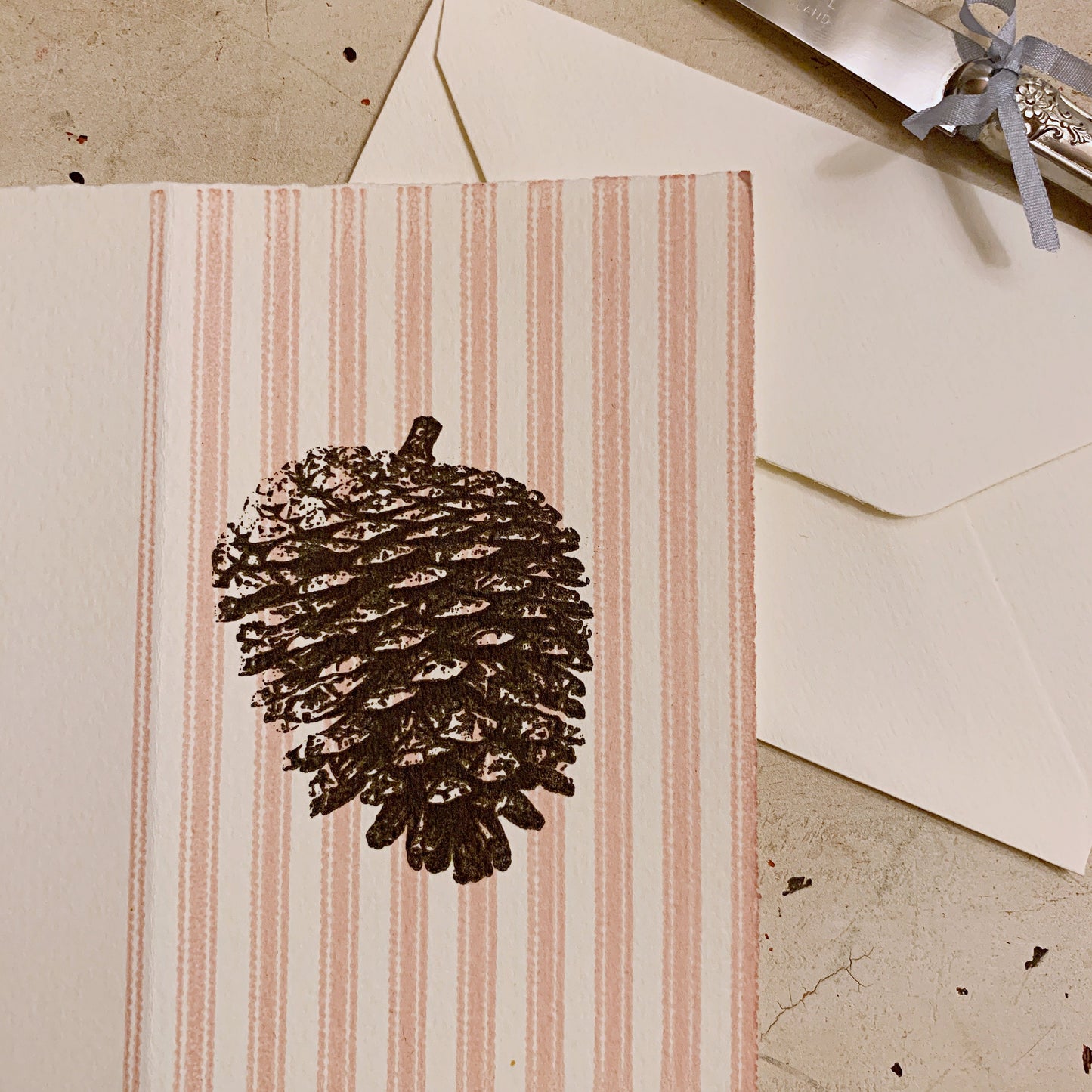 Hand printed card- Conifer cone