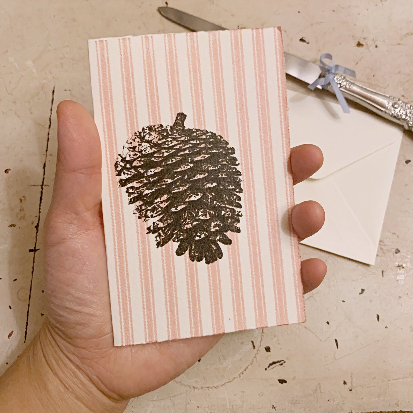 Hand printed card- Conifer cone