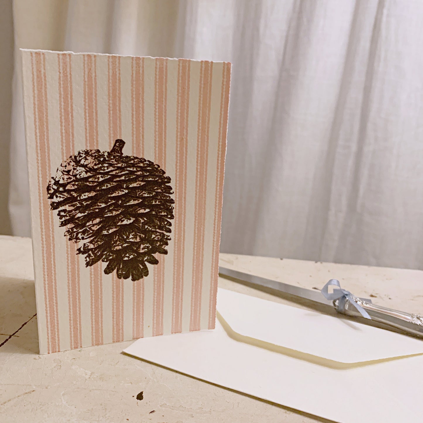 Hand printed card- Conifer cone